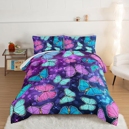 HOSIMA Butterfly Comforter Set with 2 Pillowcases,Glitter Purple Blue Butterfly Printed Bedding Set Full Size Bed in a Bag Set,Starry Sky Galaxy Comforter Butterfly Room Decor Aesthetics.