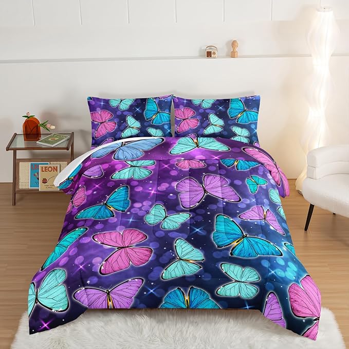 HOSIMA Butterfly Comforter Set with 2 Pillowcases,Glitter Purple Blue Butterfly Printed Bedding King Size Comforter Set for Adults Kids,Starry Sky Galaxy Comforter Butterfly Room Decor Aesthetics.