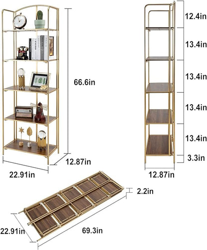 No Assembly Folding Bookshelf, 5 Tier Gold Bookshelf, Metal Book Shelf for Storage, Folding Bookcase for Office Organization and Storage, 12.87" D x 22.91" W x 68.1" H