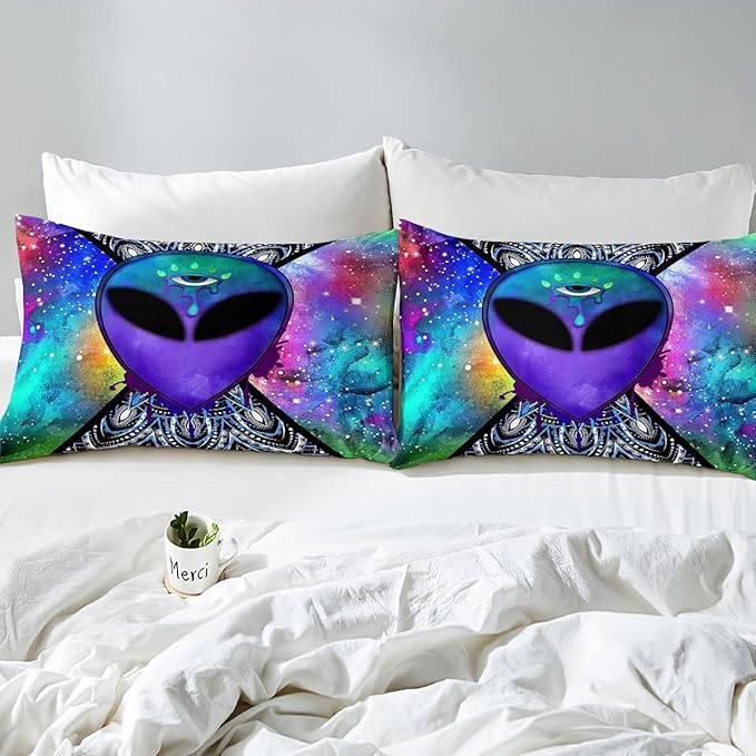 Trippy Alien Comforter Set Full Galaxy Hippie Bedding Set for Kids Boys Teens Trippy Room Decor, Outer Space Solar System Duvet Sets Boho Psychedelic Tie Dye Down Comforter with 2 Pillow Cases