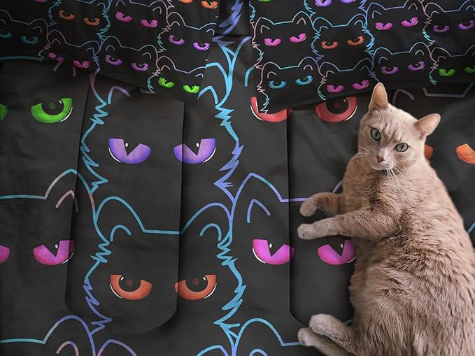 Sunnycitron Cartoon Cat Bedding Full size Black Cat Comforter Gradient Line Bedding set 3D Neon Cat Comforter Cute Cat Bed Set Black Cat Quilt set for Teens Kids Boys Girls Adults