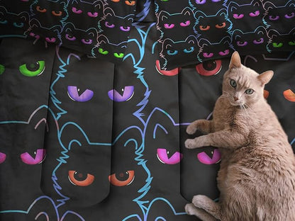Sunnycitron Cartoon Cat Bedding Cute Cat Comforter Twin Black Cat Comforter set Gradient Line Cat Quilt 3D Neon Cat Bed set Black Cat Bedding set for Teens Kids Boys Girls Adults
