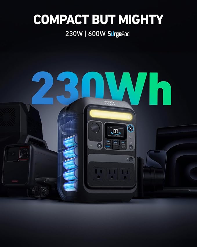 Anker SOLIX C200X Portable Power Station, 230.4Wh LiFePO4 Battery, 300W (600W Surge) Solar Generator, 140W Two-Way Fast Charging, For Outdoor Camping, Traveling, and Emergencies