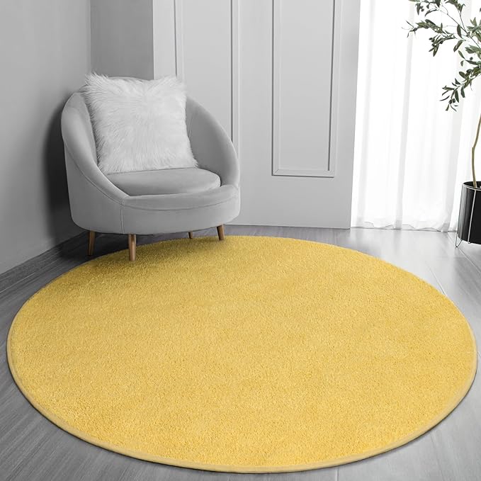 Round Area Rugs for Bedroom Living Room, 4x4 Yellow Super Soft Comfy Thickened Memory-Foam Indoor Circle Carpets, Modern Aesthetic Minimalist Carpet for Boys Girls Adults Nursery Home Décor