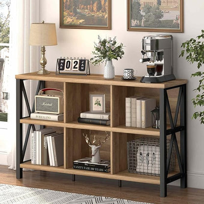 FATORRI 6 Cube Storage Organizer with Shelf, Long Wood and Metal Cubby Bookcase, Industrial Horizontal Bookshelf (Rustic Oak, 47 Inch)