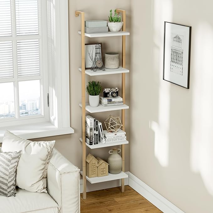 NUMENN Industrial Ladder Shelf, 5 Tier Book Shelf, Open Space Wall Mount Bookshelf with Metal Frame, Sturdy Book Shelves, Bookcase for Living Room, White and Gold