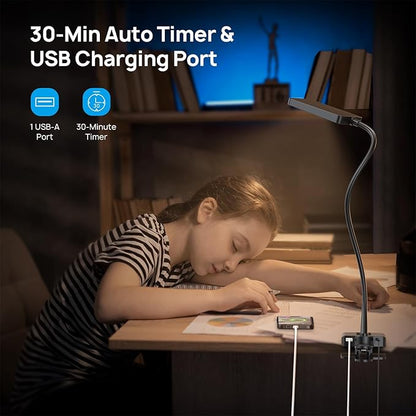 TROND Desk Lamp with Versatility Clamp, 1000LM Clip on Light, 5 Color Modes 5 Brightness Levels, Gooseneck Touch Control with USB Charging Port, 30 Mins Timer for Reading Craft Sewing Work Study Task