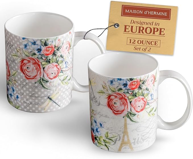Maison d' Hermine Coffee Mug with Handles Tea Cups (12 Ounce, Pack of 2) | Fine Bone China Coffee Mugs for Hot Beverages Cappuccino Latte Home Restaurant Hotel Spring Summer -Champ De Mars