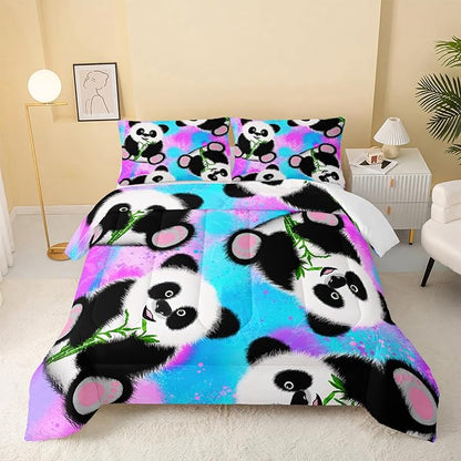Panda Comforter Twin Size,Neon Panda Comforter Set for Kids Teens Girls Boys,3Pcs Bedding Set Printed Comforter with 2 Pillowcases,Down Alternative,Soft and Lightweight，Twin Size