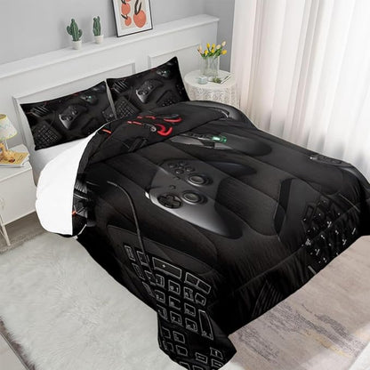 Gamer Comforter Set Twin Size for Boys Kids 3D Gaming Microfiber Quilts Black Video Game Bedding Sets Room Decor Gaming Bedding Set All Season for Game Lovers(Color 1,Twin)