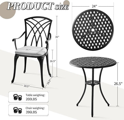 3 Piece Bistro Table Set Cast Aluminum Outdoor Bistro Table and Chairs Set of 2 with Cushion,Patio Bistro Sets with 1.97" Umbrella Hole,Metal Bistro Patio Set for Garden,Black