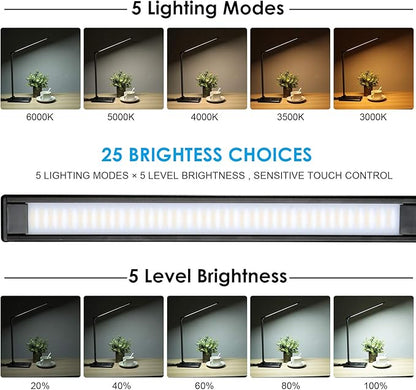 LED Desk Lamp with Wireless Charger, Dimmable Office Lamp with USB Charging Port, Eye- Caring Desk Lamps, Bright with 5 Lighting Modes, Touch Control Auto Timer