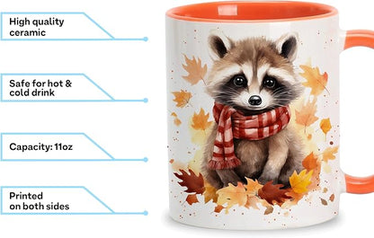 Hyturtle Fall Raccoon Mug, Autumn Birthday Gifts For Raccoon Lovers | Autumn Thanksgiving Decor, Raccoon Gifts For Women, Durable 11oz ceramic mug, Vivid double-sided print, Comfort grip handle