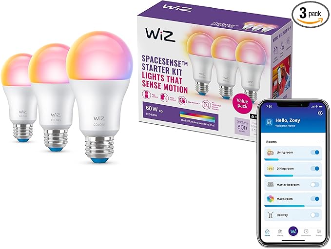 WiZ 60W A19 Color LED Smart Bulb - Pack of 3 - E26- Indoor - Connects to Your Existing Wi-Fi - Control with Voice or App + Activate with Motion - Matter Compatible