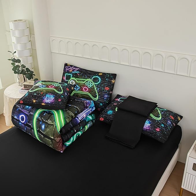 NINENINE Gamer Bedding Sets, 6PCS Full Size Comforter Size for Boys,Gaming Bedding Sets for Boys Bed in A Bag Gamer Comforter Sets(1Comforter,1Flat Sheet,1Fitted Sheet,1Cushion Cover,2Pillowcases)…