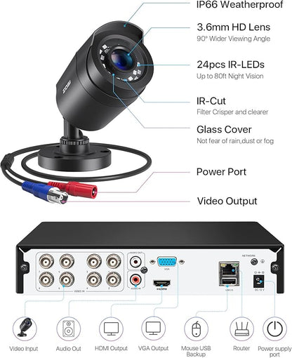 ZOSI 3K Lite Security Camera System Indoor Outdoor,AI Human/Vehicle Detection,Night Vision,Remote Access,4pcs 1080P 1920TVL Weatherproof Surveillance Cameras,H.265+ 8CH CCTV DVR(NO HDD)