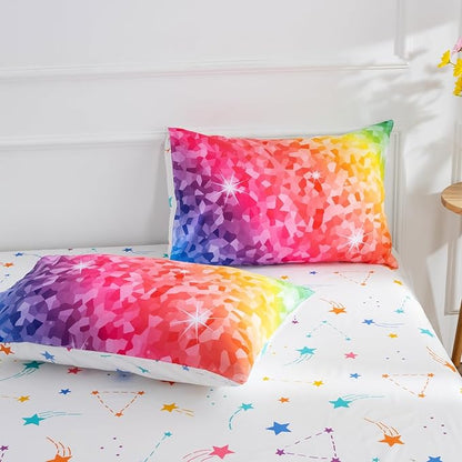 A Nice Night 6Pcs Gradient Abstract Art Grid Mosaic Geometric Bedding Set for Girls, Colorful Rainbow Galaxy Comforter Set, Ultra Soft Bedding Sets (PinkYellow,Twin 6Pcs)