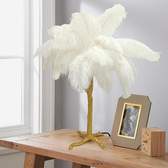 White Bedside Lamp Ostrich Feather Desk Lamp Gold Resin Ostrich Feather Table Lamp, Girls Gift Romantic Wedding Decoration Palm Tree Lamps G4*3