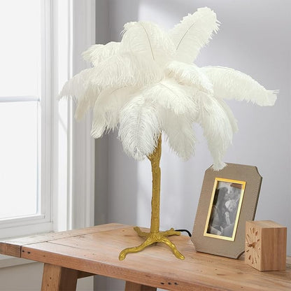 White Bedside Lamp Ostrich Feather Desk Lamp Gold Resin Ostrich Feather Table Lamp, Girls Gift Romantic Wedding Decoration Palm Tree Lamps G4*3