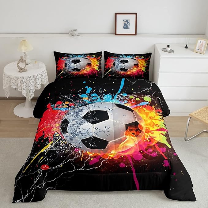 Kids Soccer Queen Size Comforter Set For Boys Football Sports Bedding Set Teen Colorful Grunge Hippie Tie Dye Quilt Comforter Red Blue Water Fire Lightning Duvet Insert Lightweight Bedroom Dorm Decor