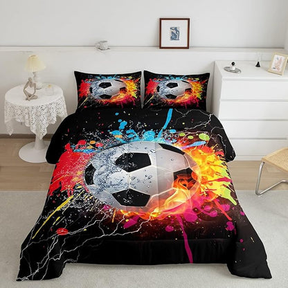 Kids Soccer Queen Size Comforter Set For Boys Football Sports Bedding Set Teen Colorful Grunge Hippie Tie Dye Quilt Comforter Red Blue Water Fire Lightning Duvet Insert Lightweight Bedroom Dorm Decor