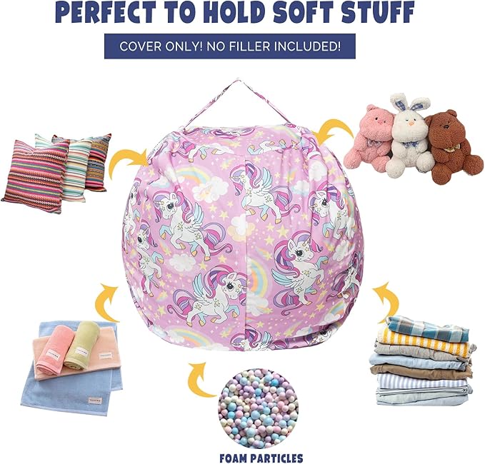 Stuffed Animal Storage Bean Bag Chair Cover, Hold Kids Plush Toys Blankets Towels Beanbag (Cover Only), Canvas Floor Circle Stuff Sit Seat Sofa with YKK Zipper, Large 32", Unicorn