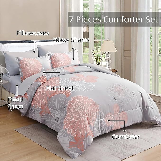 Yiran Blush Grey Floral Bed in a Bag Comforter 7 Pieces Soft Microfiber Comforter Set Bedding Set King Size 103"×90"(1 Comforter,2 Pillowcases,2 Pillow Shams,1 Flat Sheet,1 Fitted Sheet)