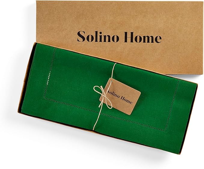 Solino Home Linen Table Runner 60 Inches - 100% Pure Linen Garden Green Hemstitch Table Runner 14 x 60 Inch Ideal for Dresser and Coffee Tables - Classic Hemstitch