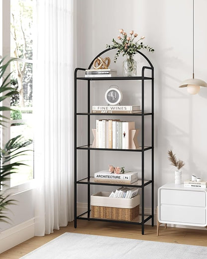 Bookcase Bookshelf, Tempered Glass Bookshelves, Slim Shelving Unit for Bedroom, Bathroom, Home Office, Steel Frame, 5 Tier Black BC21599B