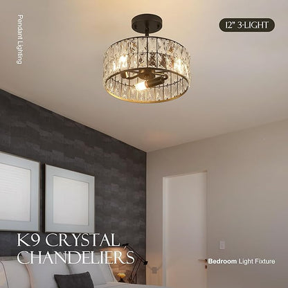 12” 3-Light Modern Crystal Chandeliers Black Dinning Room Light Fixture with Two Poles, Round Pendant Light Kitchen Island Chandelier, Flush Mount Ceiling Light for Living Room Entryway