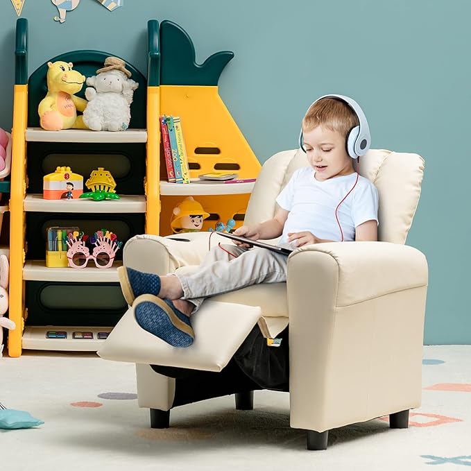 ARLIME Kids Recliner chair, toddler Armchair Upholstered Couch with Cup Holder, Backrest, baby Leather sofa with Headrest and Footrest, Child Furniture for Ages 2-7 (Beige)