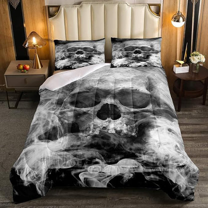 Erosebridal Skull Comforter Set King, Halloween Down Comforter, Gothic Fog Smoke Skull Skeleton Quilted Duvet, Grey Bedding Comforters for Young Man Boy Teens, Room Decorative, Soft Duvet Insert