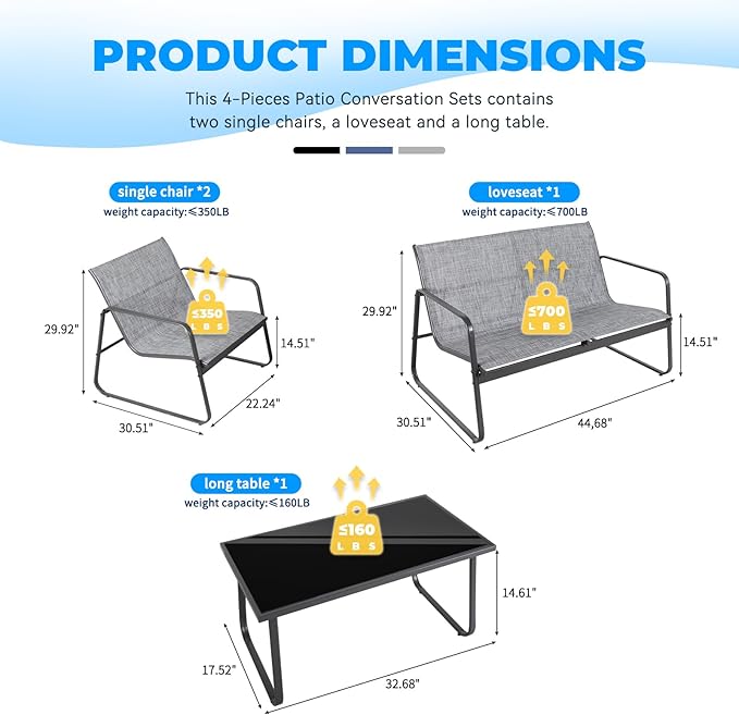 4 Piece Patio Outdoor Furniture Set with Strong Powder Coated Metal Frame One Love Seat, Two Single Chairs and one Table for Porch, Balcony, Backyad, Patio Conversation Set (Grey)