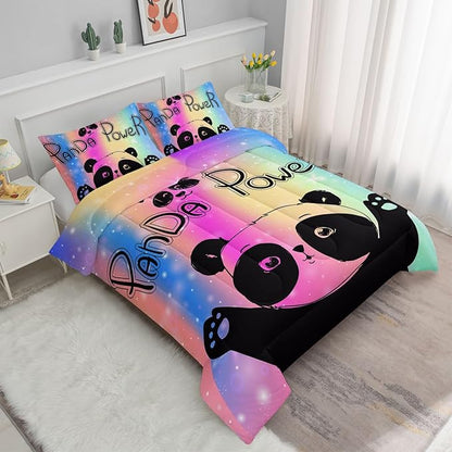 Datura home Bedding Comforter Set Rainbow Kawaii Cute Panda Printed Pattern with 1 and 2 Pillowcases for Girls Bedroom All Season(Panda Queen) Queen 90x90inches