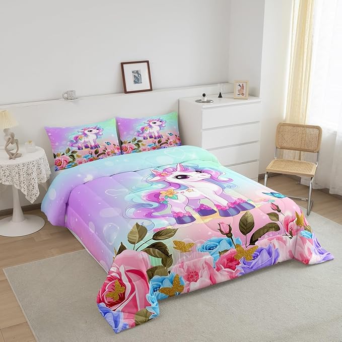 Cartoon Unicorn Kids Comforter Set Queen Size,Rose Flowers Butterfly Leaves Bedding Set,Girls Women Room Decor,Starry Sky Unicorn Cute Down Comforter,Pink Purple Romantic Duvet Insert,2 Pillowcases