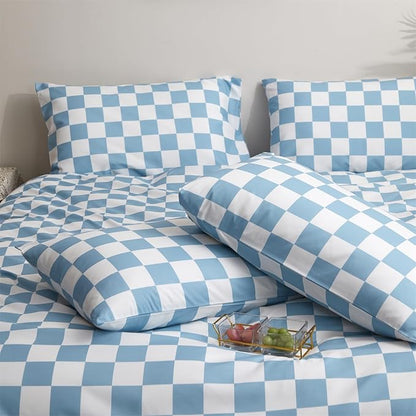 Wellboo Blue White Plaid Comforter Sets King Women Men Light Blue and White Checkerboard Grid Bedding Comforters Cotton Boys Girls Modern Dusty Blue Checkered Geometric Quilts Luxury Sky Blue Bed