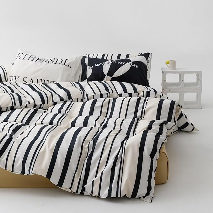 Striped Comforter Set Twin Black and White Comforter Men Women Modern Chic Stripes Bed Comforters Beige Black Striped Twin Ticking Bedding Comforter Set All Season Hotel Quality Bed Set