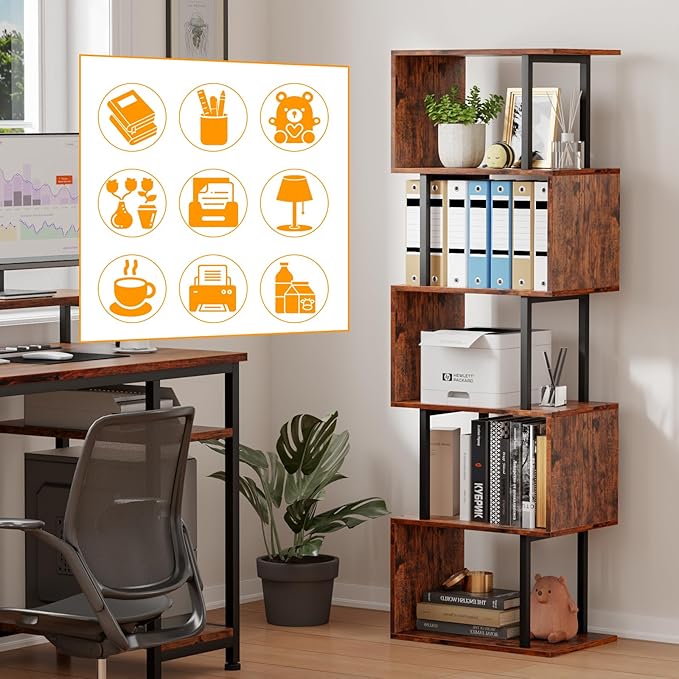 Furologee 6-Tier Bookshelf, Tall S-Shaped Geometric Bookcase, Industrial Freestanding Display Shelf Unit, Wood and Metal Decorative Room Divider for Living Room Bedroom, Home Office, Rustic Brown