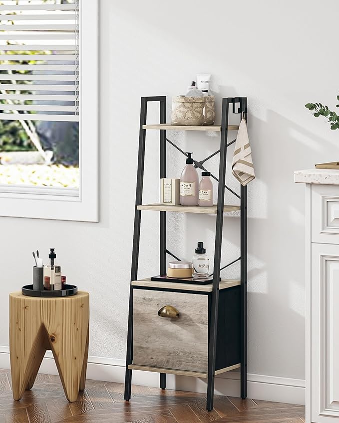 Narrow Bookshelf Bookcase with Drawer, Ladder Shelf with 2 Hooks, Bookshelves Storage Organizer, Freestanding Display Standing for Home Office, Bedroom, 4 Tier Greige BC19405B