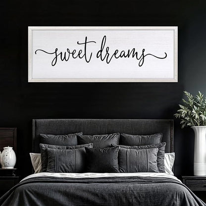 Sweet Dreams Over Bed Wall Decor 32"×12" for Master Bedroom Above Bed Wood Framed Wall Art Sign (White)