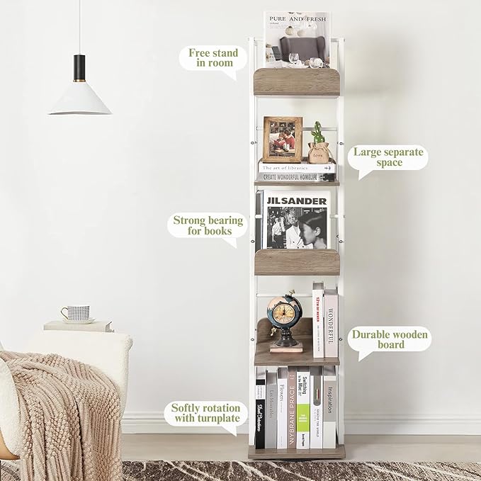 Bikoney Bookshelves 5-Tier, Rotating Bookshelf Tower for Corner, Small Bookcase, Tall Industrial Bookshelf, Narrow Bookshelf, Wood and Metal White