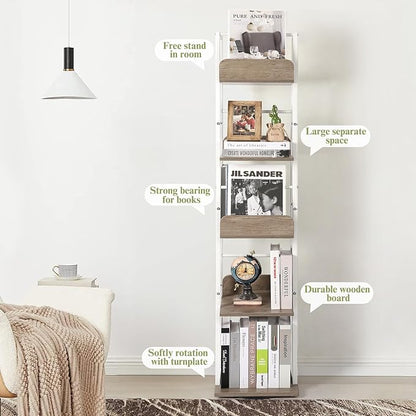 Bikoney Bookshelves 5-Tier, Rotating Bookshelf Tower for Corner, Small Bookcase, Tall Industrial Bookshelf, Narrow Bookshelf, Wood and Metal White
