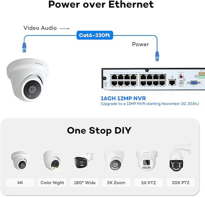 ONWOTE NVR PoE Security Camera System 4K, 16 Channel 12MP Commercial NVR 4TB, 8X 8MP Wired Outdoor IP Cameras, 134° FoV, AI Detection, 24/7 Video Audio Recording, CCTV Surveillance for Home Business