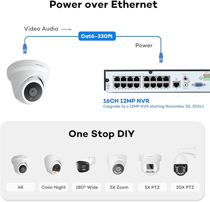 ONWOTE 16 Channel 4K PoE Security Camera System, 12MP 16CH Commercial NVR 4TB, 16x 8MP 134° Outdoor IP Cameras with Audio, AI Detect Human Vehicle, 100ft 60ft Ethernet Cables, Wired CCTV for Business