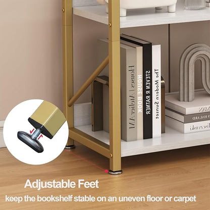 Small Bookshelf for Small Spaces, 3 Tier Bookcase, Narrow Gold Book Shelf, Small Shelf Open Display Rack for Bedroom, Living Room, Home Office,White&Gold