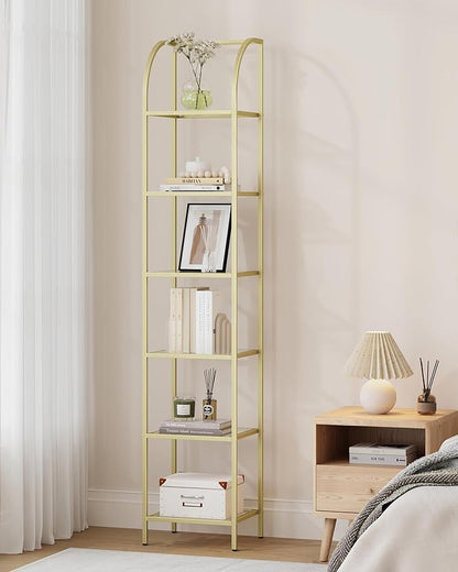 Bookcase Bookshelf, Tempered Glass Arched Bookshelf for More Storage, Slim Shelving Unit for Bedroom, Bathroom, Home Office, Steel Frame, 6 Tier Gold BC20699G