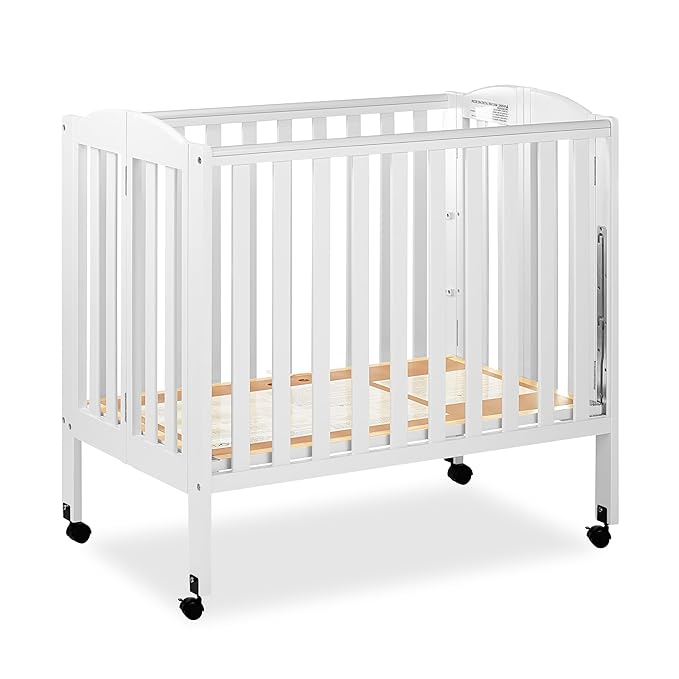 3 in 1 Portable Folding Stationary Side Crib in White, Greenguard Gold & Sunset 3” Extra Firm Fiber Crib Mattress, Greenguard Gold Certified, Waterproof Vinyl Cover