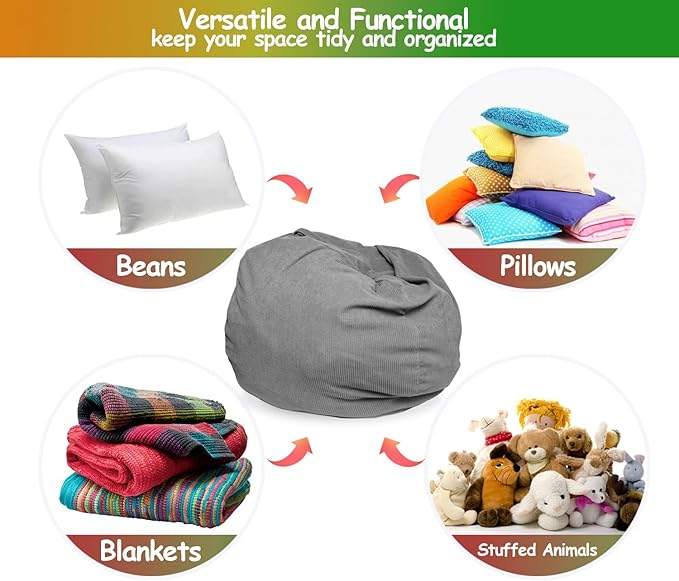 Stuffed Animal Storage Bean Bag Chair Corduroy Toy Cover Organize Plush Toys and Textiles Perfect Ultra Soft Sack Bean Bag for Kids and Teens (No Filler) Gray