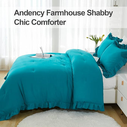 Andency Turquoise Comforter Set Twin Size, 2 Pieces Shabby Chic Ruffle Bed Comforter Set for Kids Boys Girls, All Season Soft Lightweight Solid Down Alternative Bedding Set