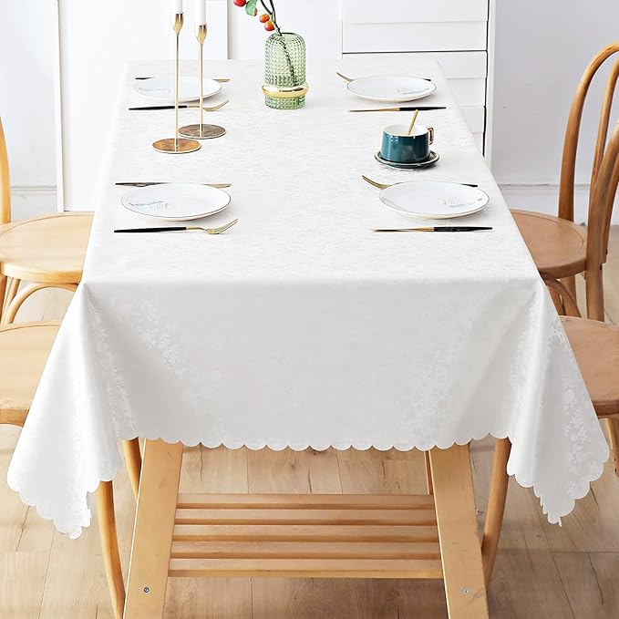 Smiry Rectangle Waterproof Heavy Duty Vinyl Tablecloths, 60 x 102 Inch | Wipeable Washable Floral Embossed Table Cover for Kitchen and Dining Room, Indoor & Outdoor Use, White